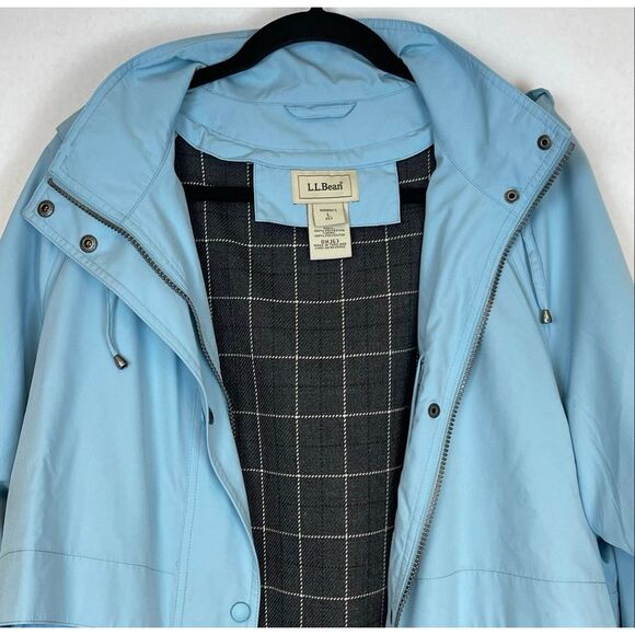 L.L. BEAN Women Trench Coat Large Petite Blue Hooded Long Rain Jacket Wool Lined - Picture 3 of 13
